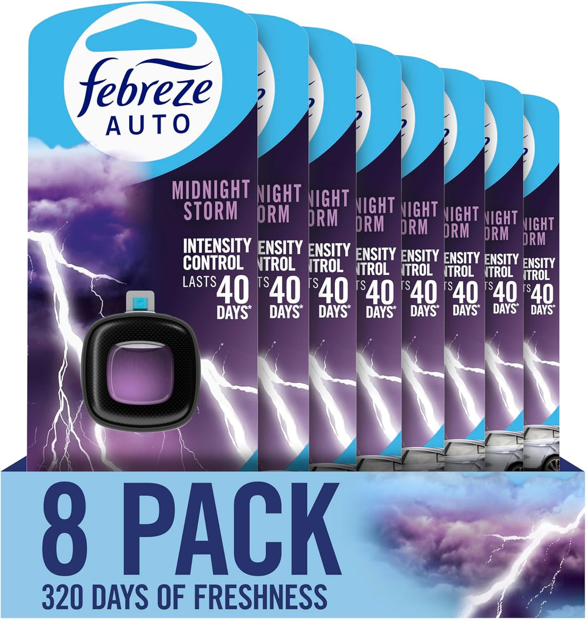 Febreze AUTO Air Freshener, Odor-Fighting Automotive Vent Clip, Midnight Storm Scent, 8 Count