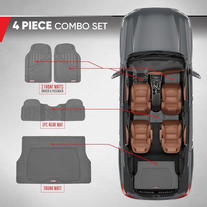 Motor Trend FlexTough Performance All Weather Rubber Car Mats with Cargo Liner - Full Set Front & Rear Floor Mats for Cars Truck SUV, Automotive Floor Mats (Black)