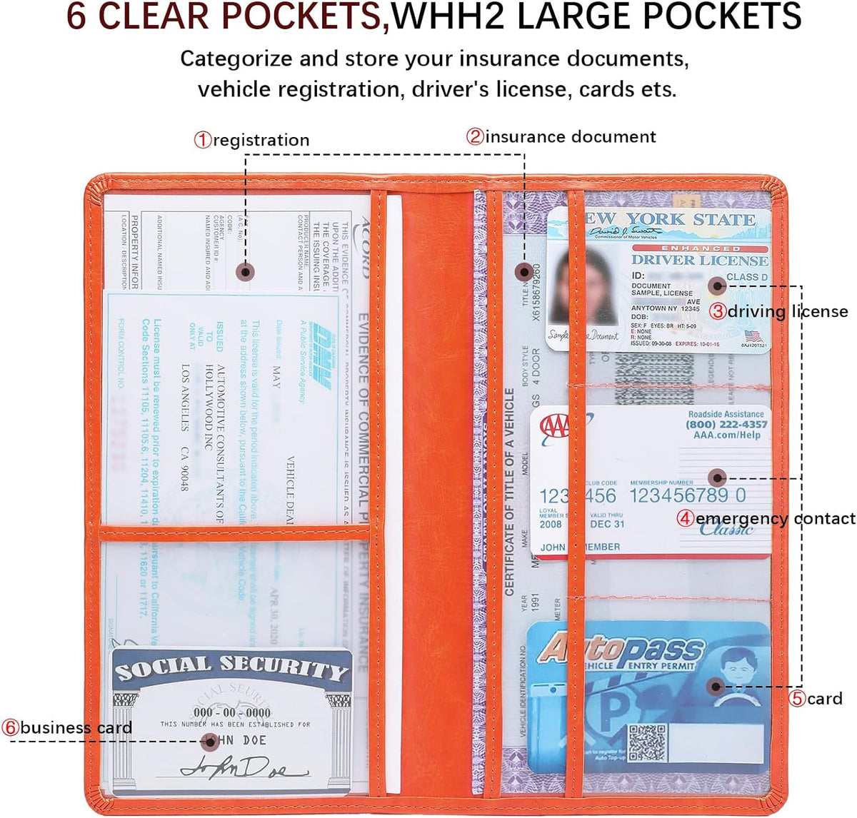 Car Registration and Insurance Card Holder for Women Men, Orange Glove Box Paperwork Organizer with Magnetic Buckle for Easy Access and Protect Documents and Various Cards in Vehicle