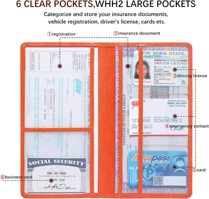 Car Registration and Insurance Card Holder for Women Men, Orange Glove Box Paperwork Organizer with Magnetic Buckle for Easy Access and Protect Documents and Various Cards in Vehicle