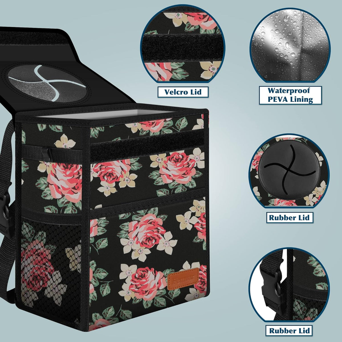Femuar Leak Proof Car Trash Can with Lid - Waterproof Automotive Garbage Bin for SUVs, Collapsible and Portable Car Trash Bag, Black