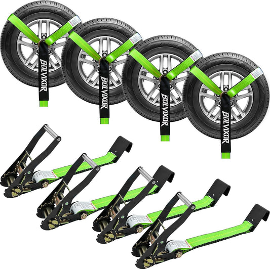 4 Pack Car Tie Down Straps for Trailers - 2" x 96" - 9900LBS Break Strength - Heavy Duty Tire Ratchet Straps with Flat Hooks for Hauling UTV, SUV, Truck, Any Cars