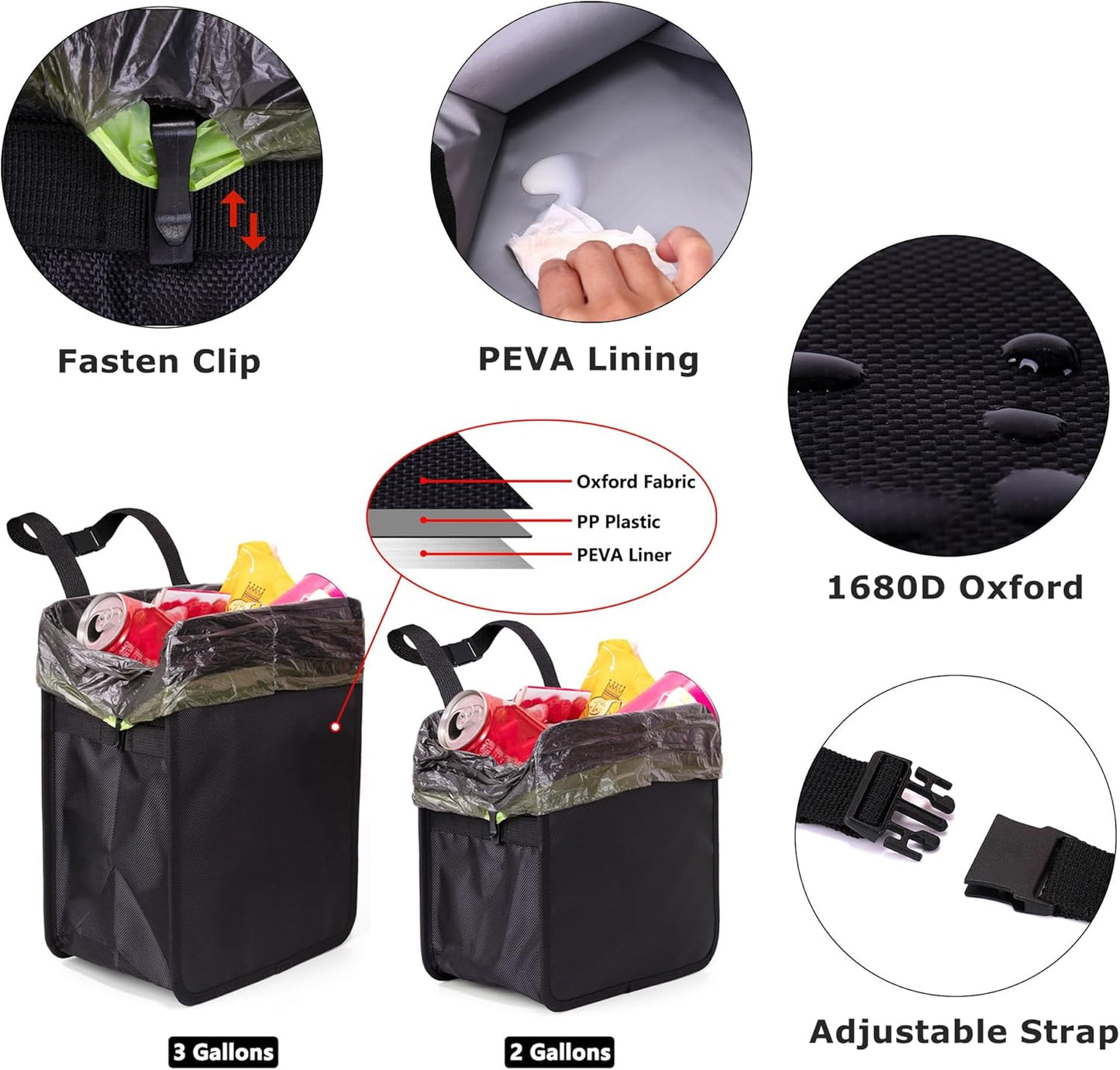 Ginsco 3 Gallons Open-Top Car Trash Can, Large Capacity Hanging Leakproof Car Trash Bag with Water-proof PEVA Liner, Stand Trash Bag for Cars Foldable Storage Bag for Cars SUV Truck RV Black