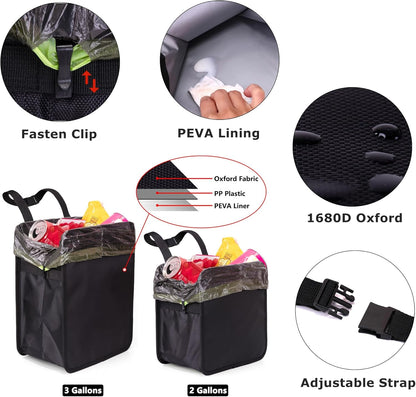 Ginsco 3 Gallons Open-Top Car Trash Can, Large Capacity Hanging Leakproof Car Trash Bag with Water-proof PEVA Liner, Stand Trash Bag for Cars Foldable Storage Bag for Cars SUV Truck RV Black