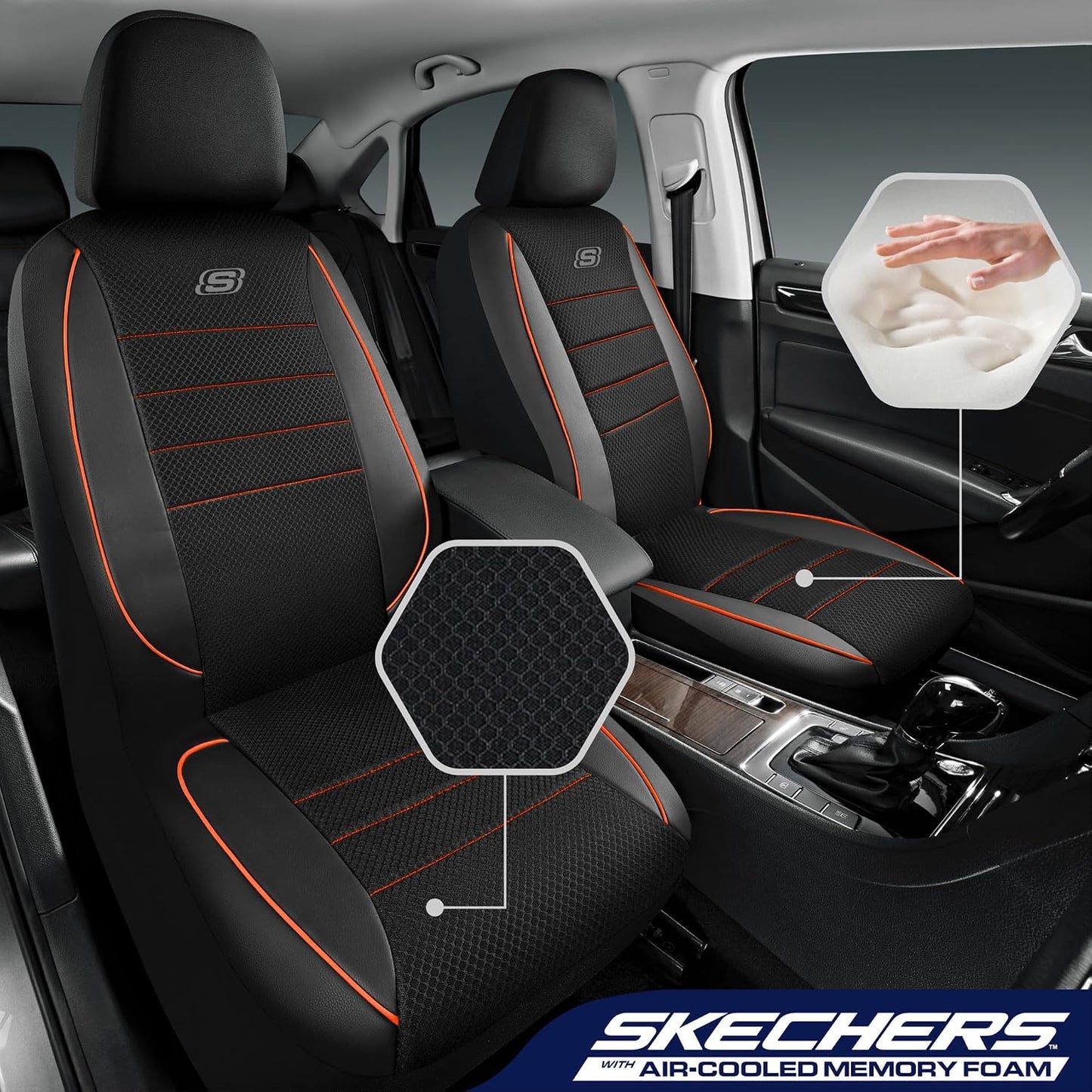 Skechers Air-Cooled Memory Foam Seat Covers,Mesh Thick Car Seat Covers,Piping Leather Car Seat Covers Front Seats,Airbag Compatible,Automotive Comfort Universal FitMost Cars,Vans,Truck,SUV,Black
