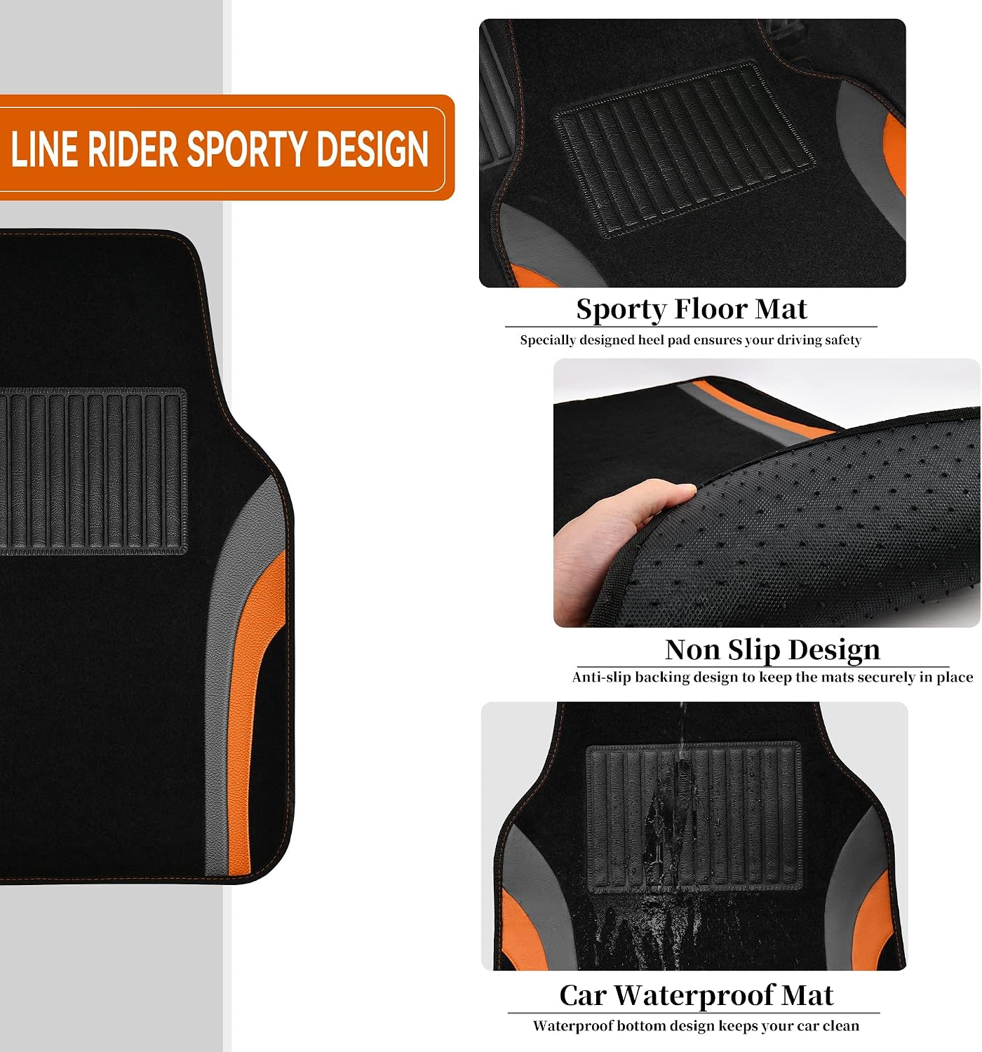 CAR PASS Leather Waterproof Sporty Car Floor Mats Carpet,Universal Automotive Floor Mat Fit for Sedans, Cars, Mid Trucks, Vans, SUV, Set of 4 (Black and Gray)