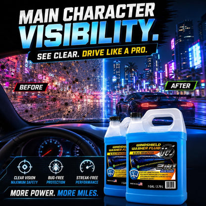 UCS 2-in-1 Windshield Washer Fluid 2-Pack (1 Gallon Each, 256 fl oz Total) – Ready to Use, Streak-Free Formula, All-Weather Cleaning, Removes Bugs, Dirt & Road Grime – Premium Windshield Cleaner