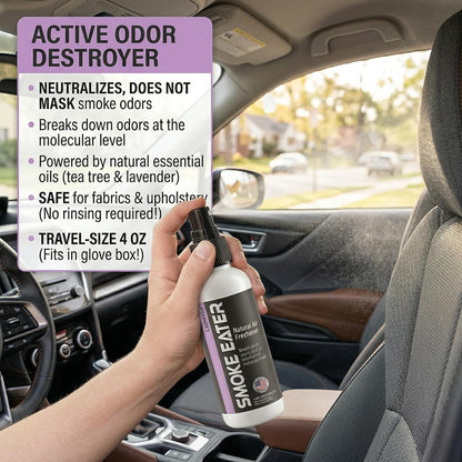 Smoke Eater Cigarette, Cigar, Cannabis & Tobacco Odor Eliminator Spray & Air Freshener for Car, Home, Clothes — Lavender, 4 oz Travel Size — Tea Tree Oil Formula, Non-Aerosol Pump Spray