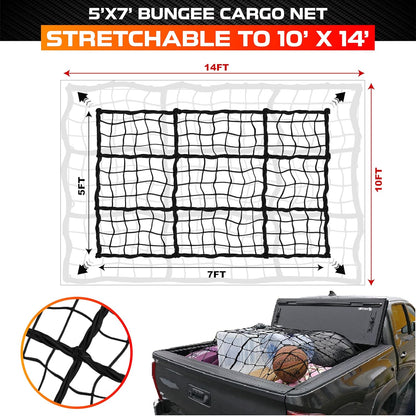 [Premium] 4'x6' Heavy Duty Cargo Net Stretches to 8' x 12', Extra Thick 10mm Cord Bungee Cargo Netting for Pickup Truck Bed, Roof Rack Net & 12 PCS Steel Carabiners