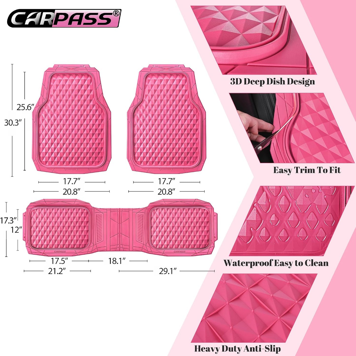 CAR PASS Heavy Duty Rubber Car Mats, Deep Dish All-Weather Floor Mat for Car Full Set Durable Anti-Slip 3D Rhombus Waterproof Trim to Fit Liner Universal Fit Automotive,Sedan,SUV,Truck, 3 Piece Black
