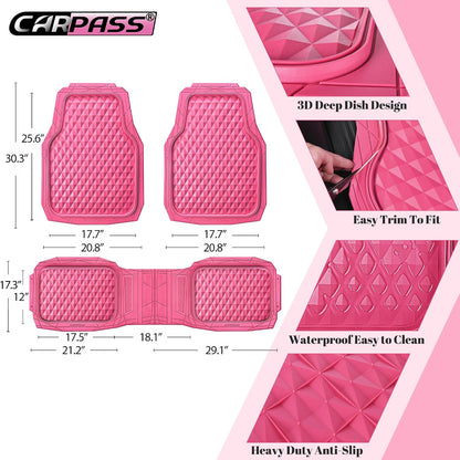 CAR PASS Heavy Duty Rubber Car Mats, Deep Dish All-Weather Floor Mat for Car Full Set Durable Anti-Slip 3D Rhombus Waterproof Trim to Fit Liner Universal Fit Automotive,Sedan,SUV,Truck, 3 Piece Black