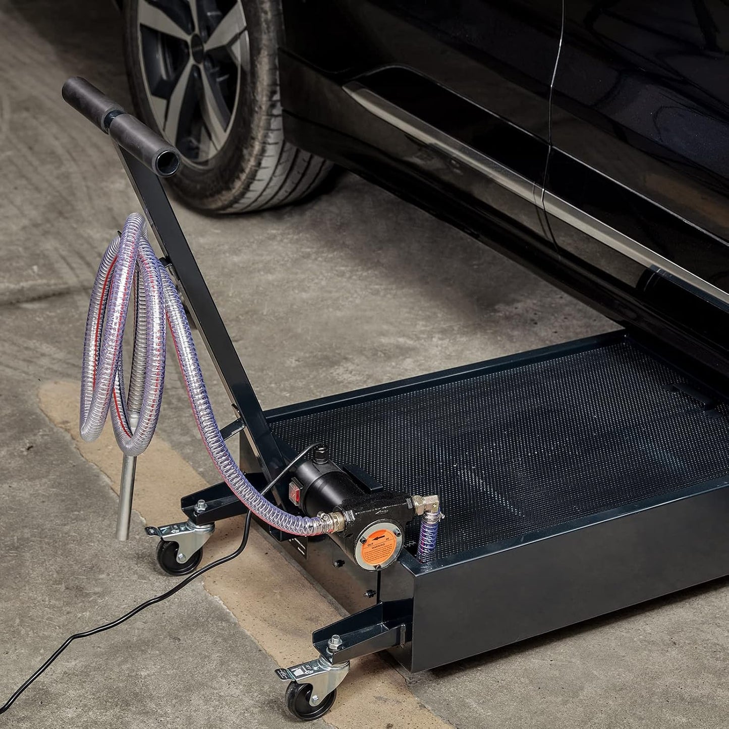 VEVOR Low Profile Oil Drain Pan, 17 Gal Capacity, Rolling Oil Drain Pan with 110V High-Flow Electric Pump, 7.2 ft Hose & T Folding Handle, Leak-proof & Corrosion-resistant, Fit for Trucks, ATVs, Black