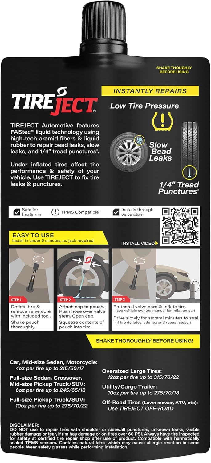 TireJect Automotive Compact Car 2-in-1 Tire Sealant & Bead Sealer Kit for tire Repair of leaks and punctures