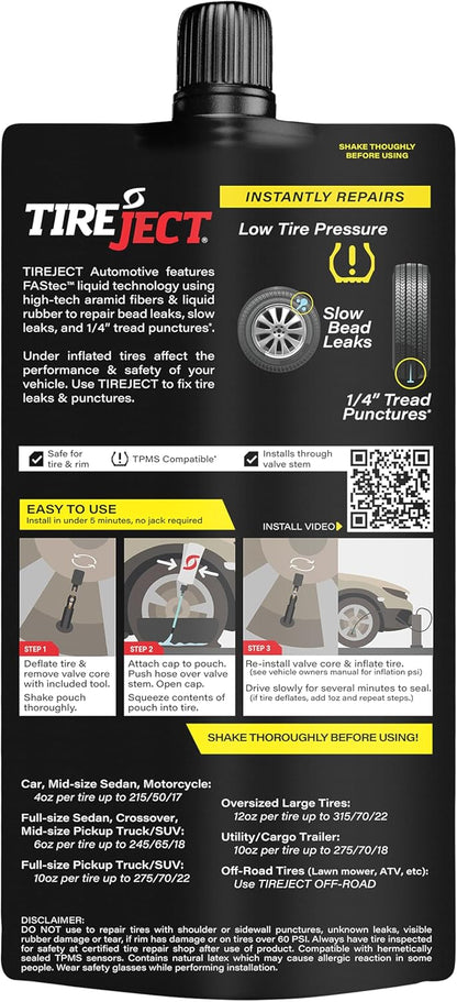 TireJect Automotive Compact Car 2-in-1 Tire Sealant & Bead Sealer Kit for tire Repair of leaks and punctures