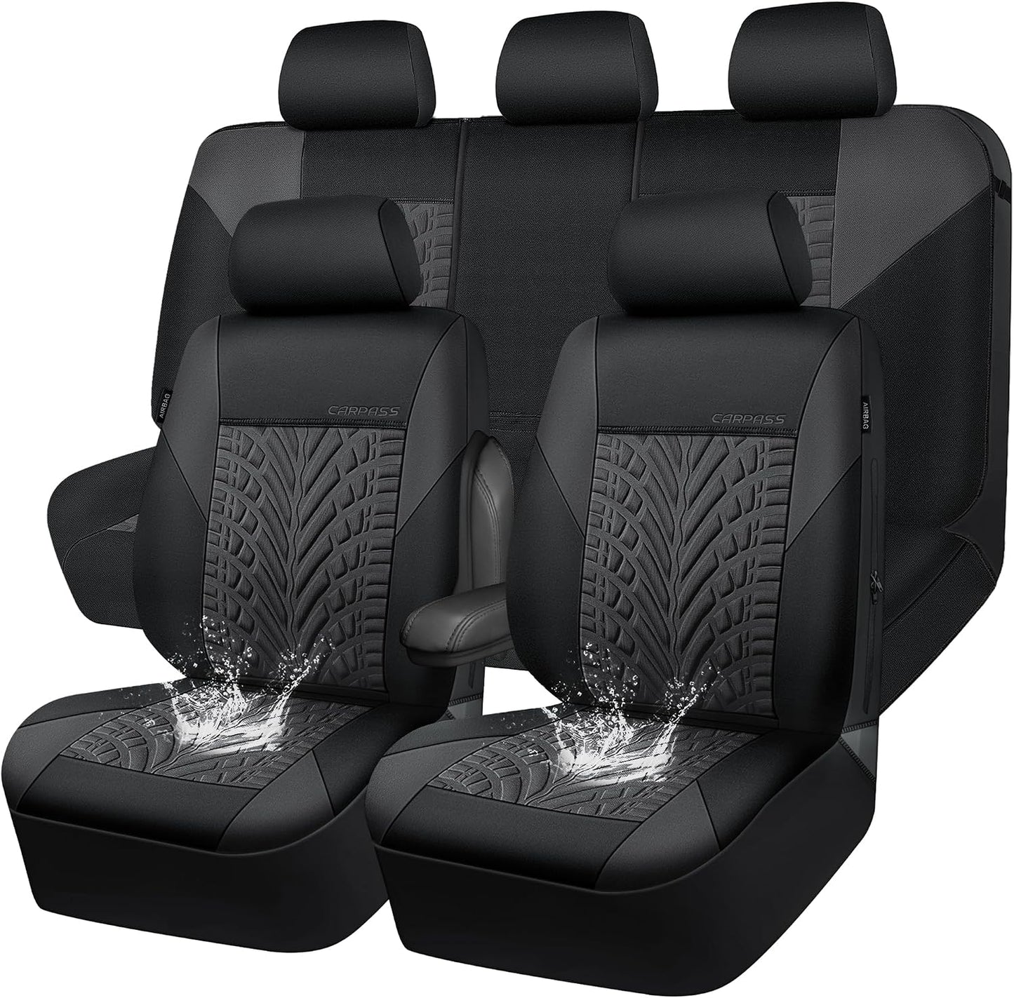 CAR PASS Car Seat Covers Full Sets, Front & Split Rear Bench for Car, 3D Tyre Embossed Automotive Interior Covers, Airbag Compatible, Quick Setup Universal Fit Seat Covers for Car, SUV(Charcoal)