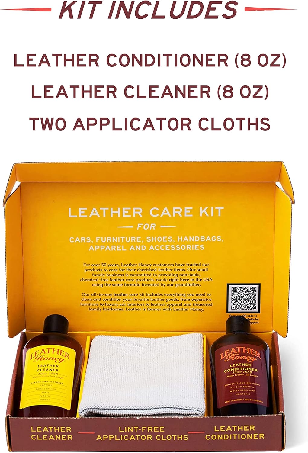 Leather Honey Complete Leather Care Kit: Cleaner, Conditioner, 2 Cloths. Non-Toxic Leather Care Made in the USA Since 1968. Restore Couches, Car Seats & Interior, Jackets, Shoes & Bags. for Any Color