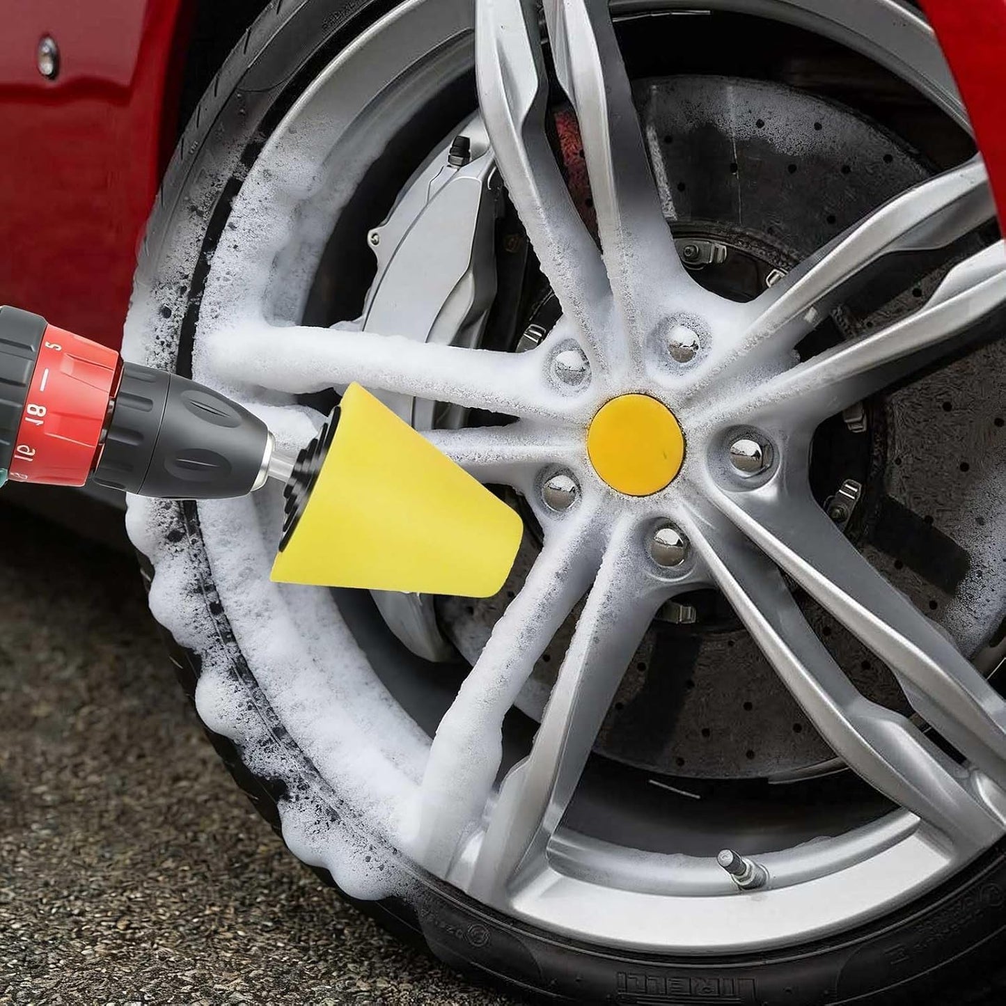 Linkstyle 5PCS Drill Polishing Ball Set, Car Wheel Polisher Sponge Pad Kit with Long Extension Pole & Cleaning Brush, Buffing Ball for 1/4" Hex Drill, Car Rim and Metal Surface Polishing Tool