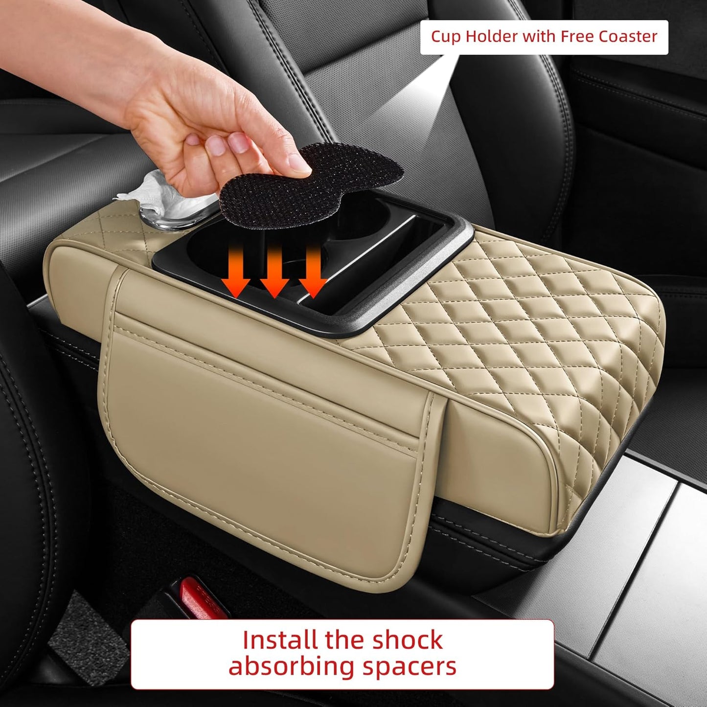 5 in 1 Car Center Console Cover, Armrest Pad with 2 Storage Pockets, Cup Holder, Tissue Slot, Phone Holder, Nappa Leather Memory Foam Car Accessories for SUV Sedan Truck (Black)
