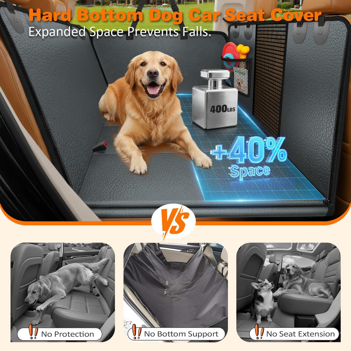 URPOWER Backseat Extender for Dogs - Hard Bottom Dog Car Seat Cover for Back Seat, Dog Hammock for Car and SUV, Pet Rear Seat Protector Dogs Travel Bed with Mesh Window