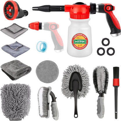 16 IN 1 Car Wash Foam Gun, Foam Cannon,Adjustable Hose Wash Sprayer with 2.5 to 6 Bars Foam Blaster,Wash Mitten &Towel,Suitable for Car Cleaning and Garden Use with 1/2” Quick Connector