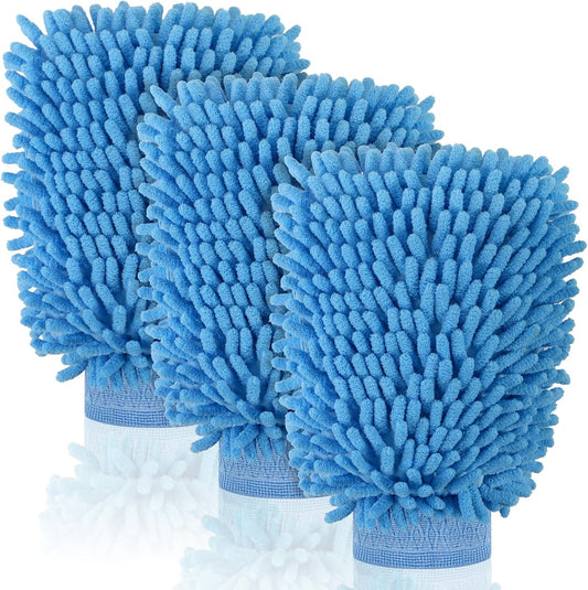 3 Pack Chenille Microfiber Car Wash Mitt, 7" x 9.6" Car Washing Mitts, Home Dusting Gloves, Scratch Free Lint-Free, Highly Absorbent, Double Sided, for Cleaning Detailing Polish (Green)