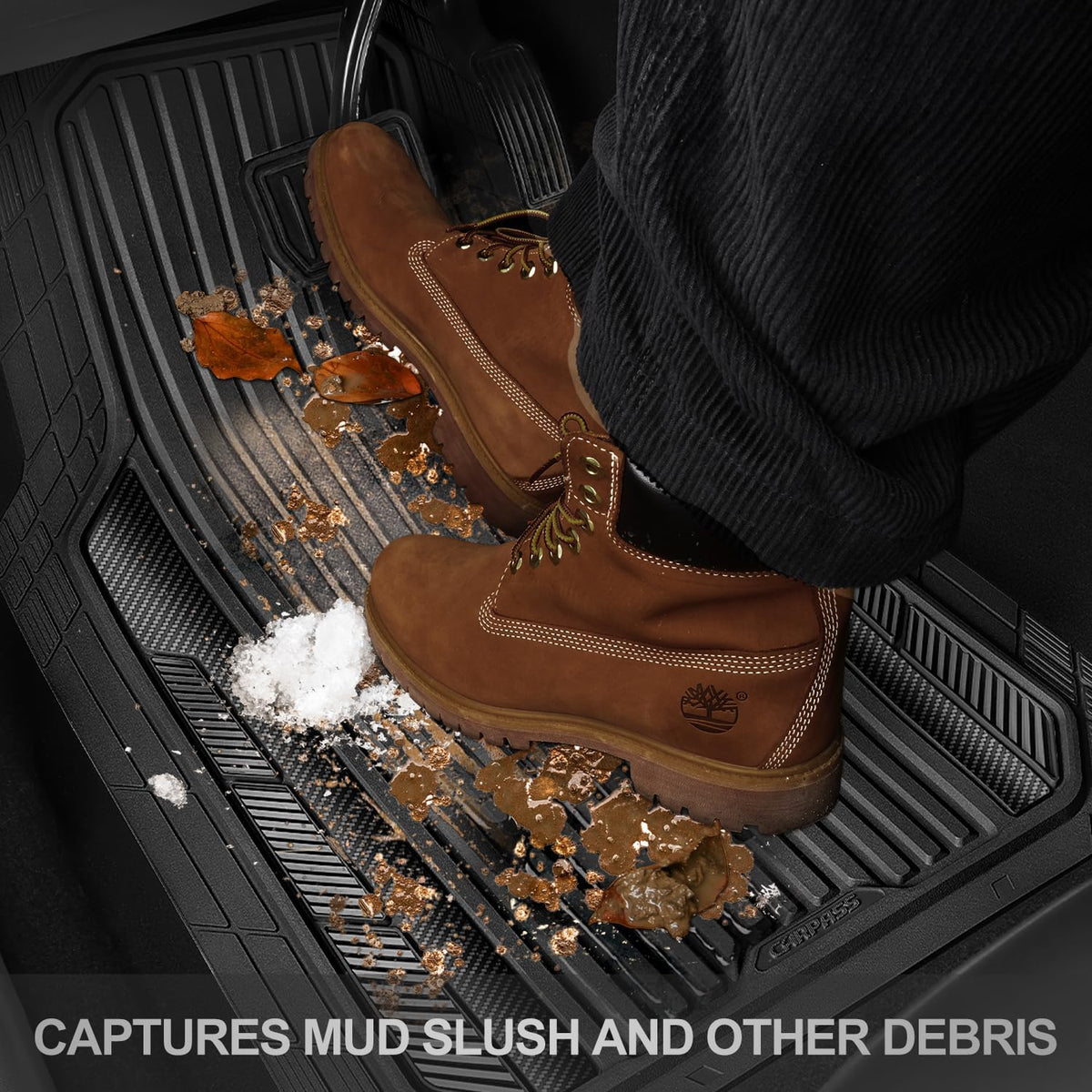 CAR PASS Heavy Duty Rubber Car Mats Metallic, Aluminum Film All Weather Floor Mats Waterproof Universal Trim to Fit Automotive SUV Sedan Van 4 Piece Anodized Deep Dish Two-Tone Sporty Black Red Chrome
