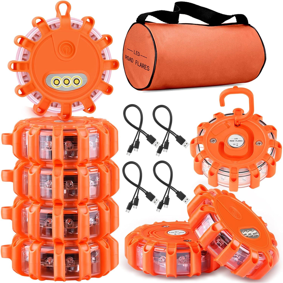 Tobfit 6 Pack LED Road Flares Emergency Lights Roadside Safety Beacon Disc Flashing Warning Flare Kit with Magnetic Base & Hook for Car Truck Boats | 9 Flash Modes (Batteries Not Included) (6)