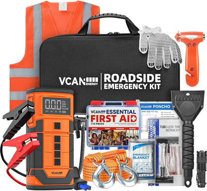 Jump Starter with Air Compressor, VCANENERGY Roadside Emergency Car Kit with 12V Portable Battery Jump Starter & Tire Inflator for Cars, Trucks, SUVs-Car Emergency Kit for Women, Men, Teen