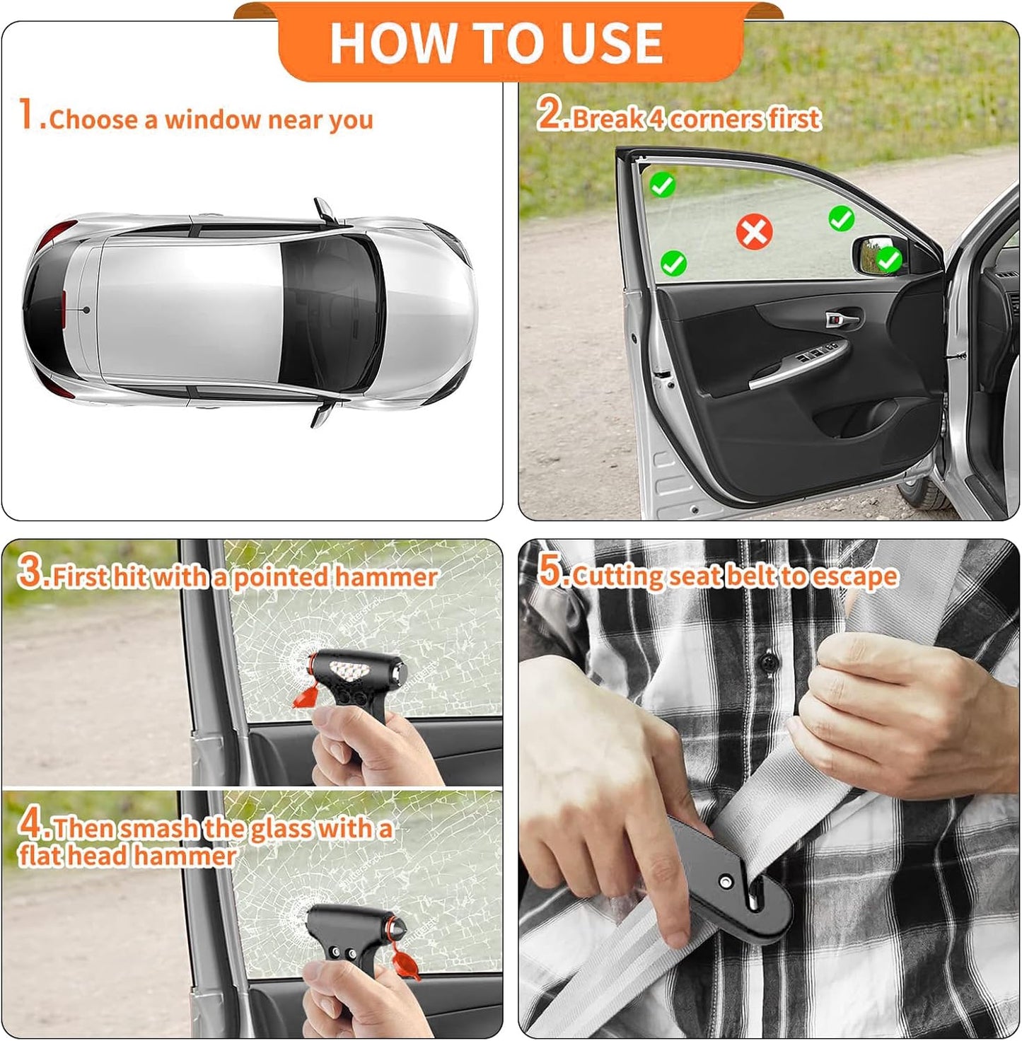 Car Safety Hammer, 2PCS Black 3-in-1 Emergency Escape Tool with Window Breaker and Seat Belt Cutter, Safety Emergency Car Escape Tool for Car, Office, Home