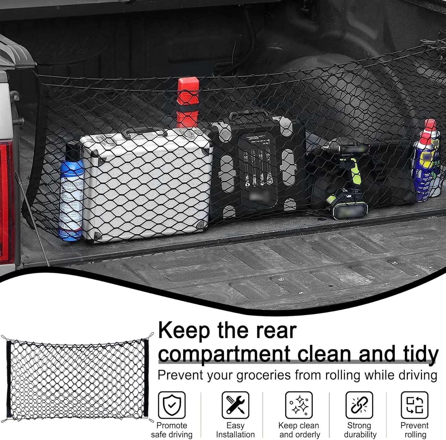 Amiss Cargo Net Stretchable, Car Exterior Accessories, Adjustable Elastic Trunk Storage Net with Hook for SUVs, Cars and Trucks (35.4x15.8 Inch)