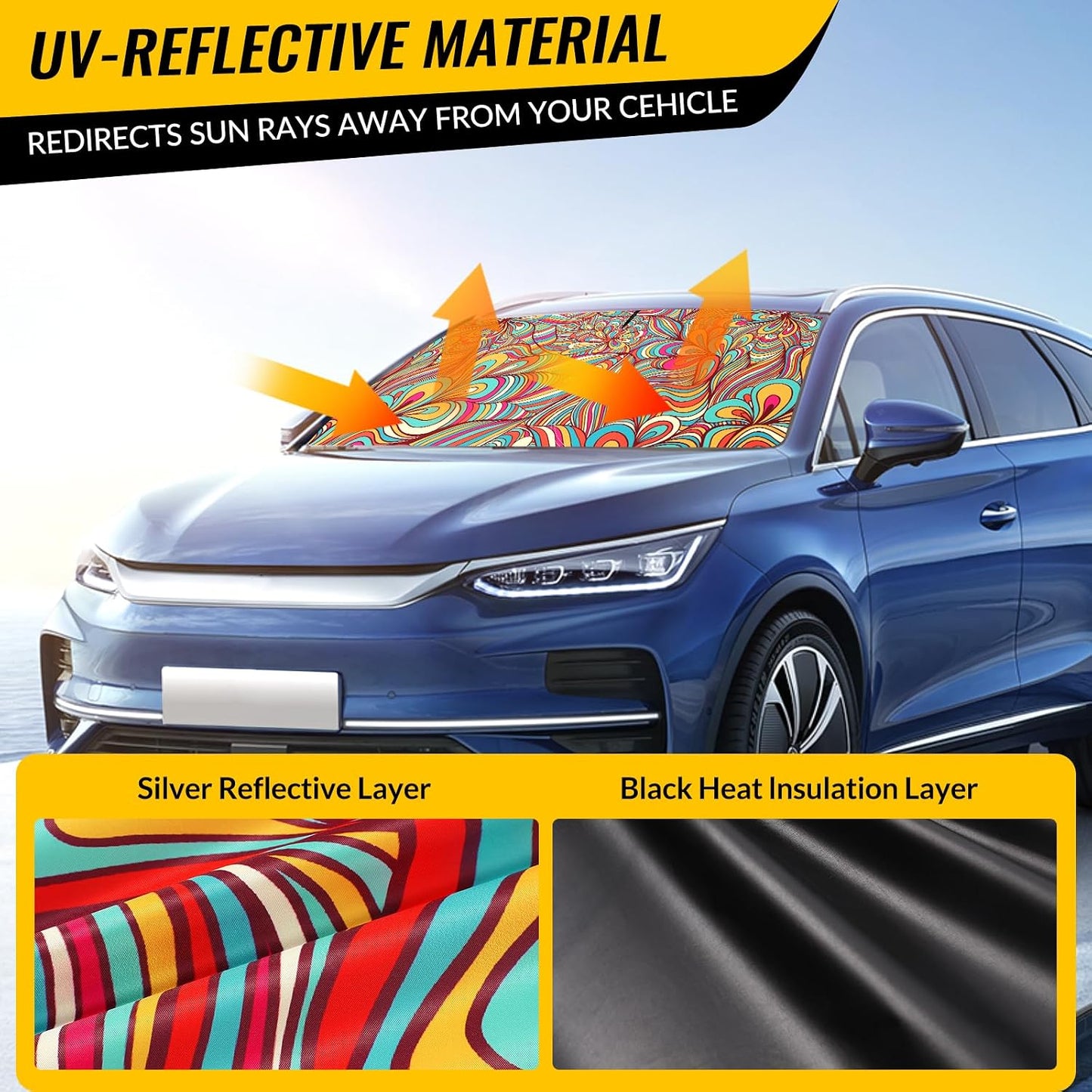 Car Windshield Sun Shade - Reflector Sunshade Offers Ultimate Protection for Car Interior, Cool Reflective Sun Blocker Fits Small Sedans, Mini SUVs