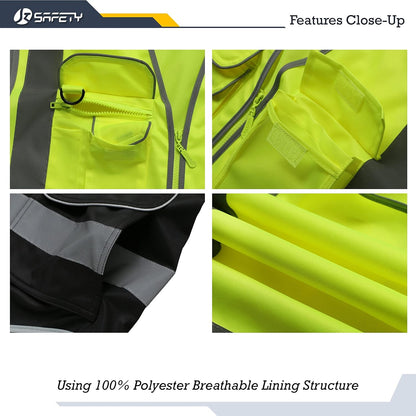 JKSafety 9 Pockets Class 2 High Visibility Zipper Front Safety Vest With Reflective Strips,Meets ANSI/ISEA Standard (Large, 150-Yellow) - Colors A