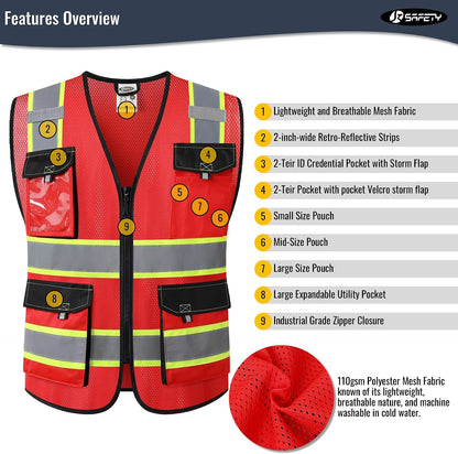 JKSafety Hi Vis Reflective Safety Vests for Men Women High Visibility Vest with Pockets Mesh Fabric Construction Safety Apparel Neon Vest for Work (220-Black L)