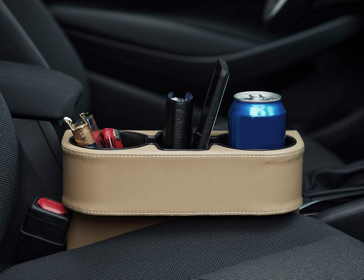 IOKONE Car Cup Holder, Auto Cup Drink Holders，Multifunctional Auto Front Seat Organizer with PU Leather Cover, Gap Filler Storage Box Coin Bucket Console Side Pocket Cell Mobile Phone Holder (Black)