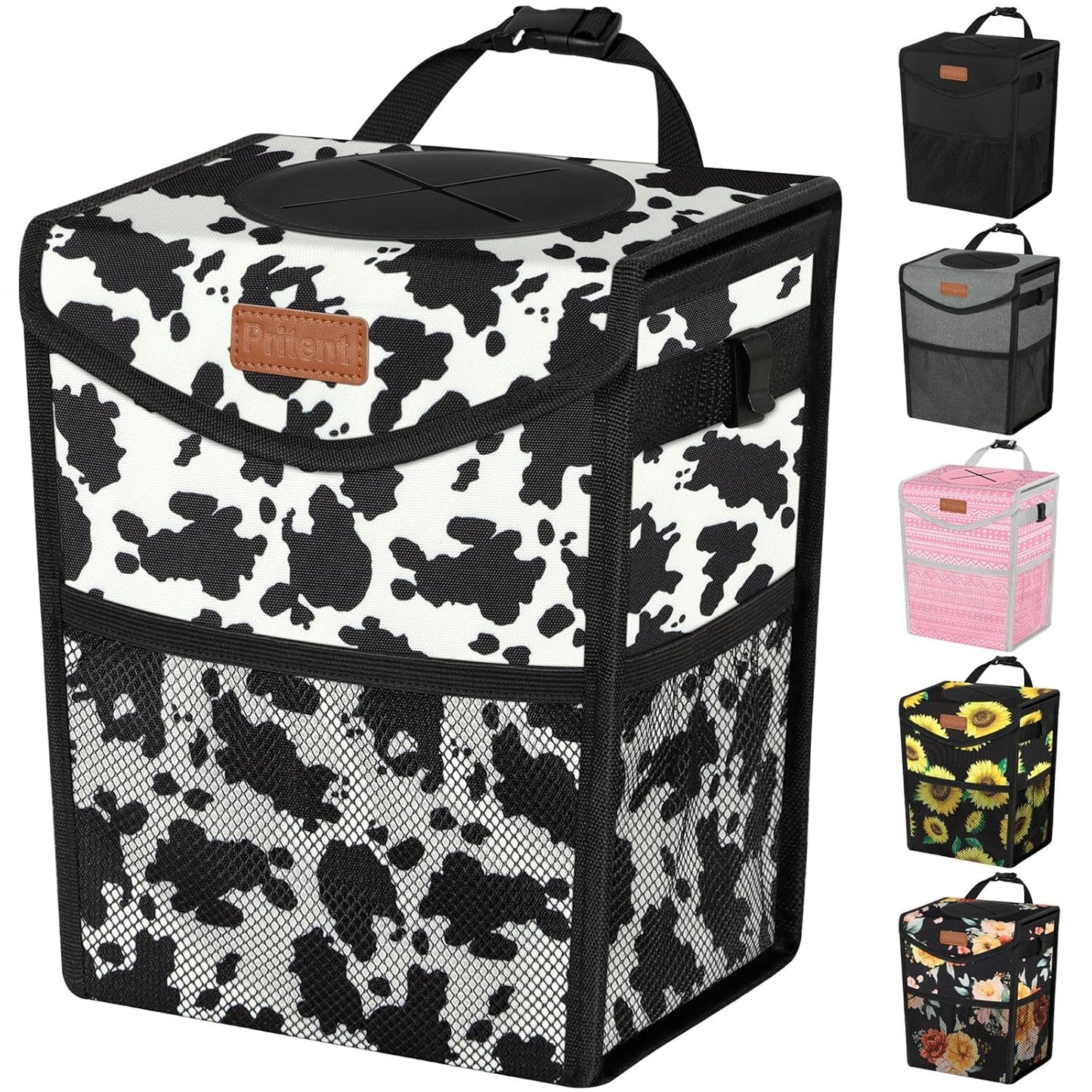 Pritent Car Trash Can with Lid, Cute Leakproof Car Trash Garbage Bag Hanging Vehicle Trash Bin Small Portable Automotive Garbage Cans Organizer for Back/Front Seat/Console(Trapezoid,Black)