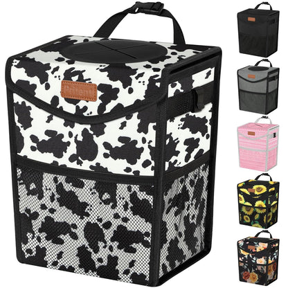 Pritent Car Trash Can with Lid, Cute Leakproof Car Trash Garbage Bag Hanging Vehicle Trash Bin Small Portable Automotive Garbage Cans Organizer for Back/Front Seat/Console(Trapezoid,Black)