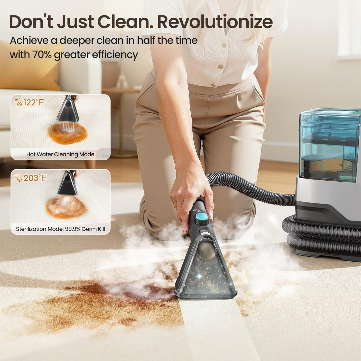 Portable Steam Carpet Cleaner, 203°F High Temp Steam & 18Kpa Suction, Deep Stain Removal & Sanitization, Spot Cleaner for Pets, Kids, Home Upholstery, Sofa, Stairs & Car Detailing
