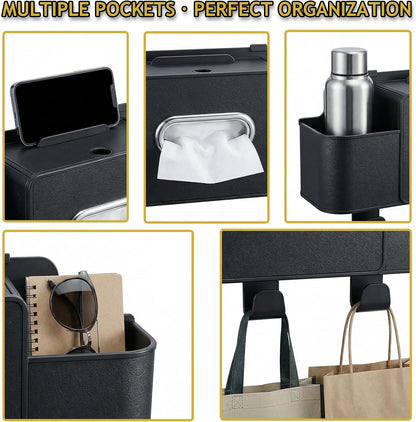 Backseat Car Organizer, 4 in 1 Multifunctional Car Back Seat Storage Organizer with Tissue Box, 2 Cup Holders, Phone Stand and Hooks, Automotive Seat Back Organizers (White)
