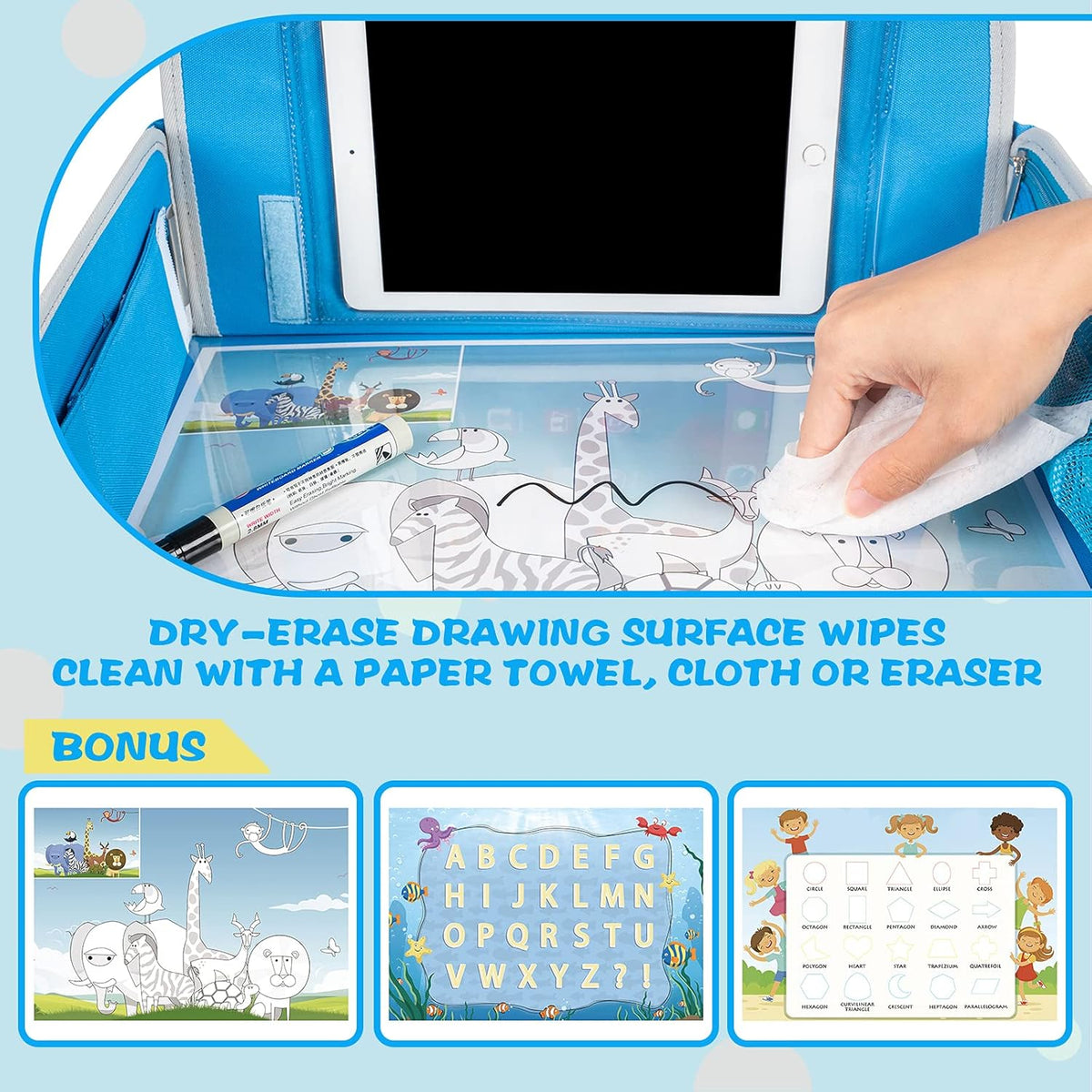 MENZOKE Kids Travel Tray for Toddler Car Seat, Road Trip Activities for Kids with iPad Holder Stand & Dry Erase Board, Road Trip Essentials Accessories Lap Tray as Travel Gifts for Kid, Pink