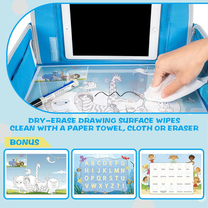 MENZOKE Kids Travel Tray for Toddler Car Seat, Road Trip Activities for Kids with iPad Holder Stand & Dry Erase Board, Road Trip Essentials Accessories Lap Tray as Travel Gifts for Kid, Pink
