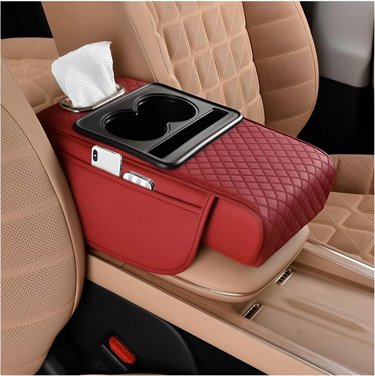 Zpana Car Center Console Armrest Pillow, Memory Foam Leather 4 in 1 Vehicle Arm Rest Cover with Tissue Box 2 Side Storage Bag Cup & Phone Holder, Auto Armrest Cushion, Universal Fit (Black)