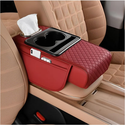 Zpana Car Center Console Armrest Pillow, Memory Foam Leather 4 in 1 Vehicle Arm Rest Cover with Tissue Box 2 Side Storage Bag Cup & Phone Holder, Auto Armrest Cushion, Universal Fit (Black)