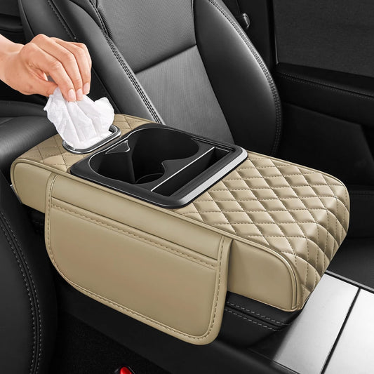 5 in 1 Car Center Console Cover, Armrest Pad with 2 Storage Pockets, Cup Holder, Tissue Slot, Phone Holder, Nappa Leather Memory Foam Car Accessories for SUV Sedan Truck (Black)