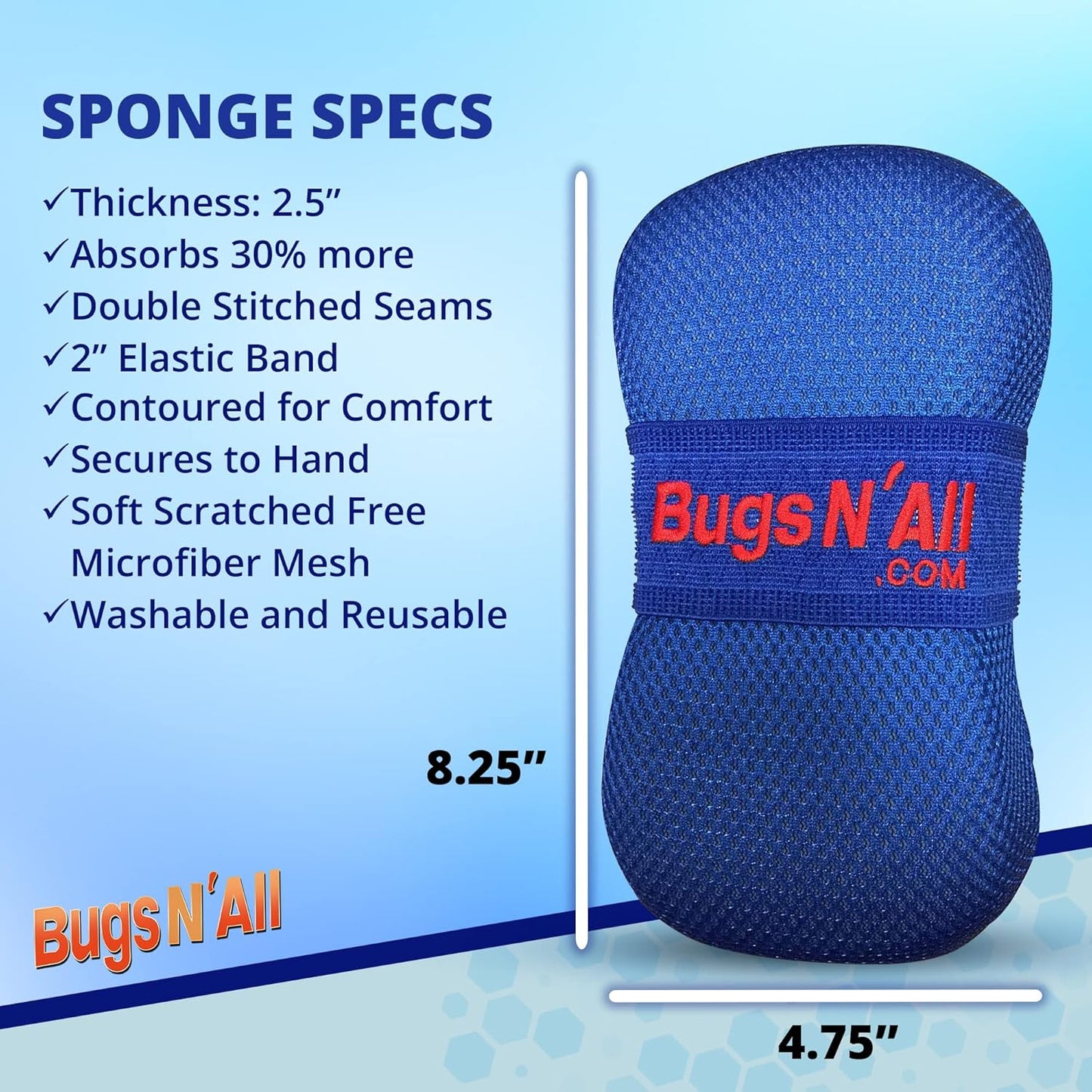 Bugs N’ All Bug Sponge - Bug and Tar Remover for Car Exterior and Interior - Ultra Soft Mesh Car Wash Sponge for Scratch Free Scrubbing - 8.25 by 4.75 inch, 1 Pack