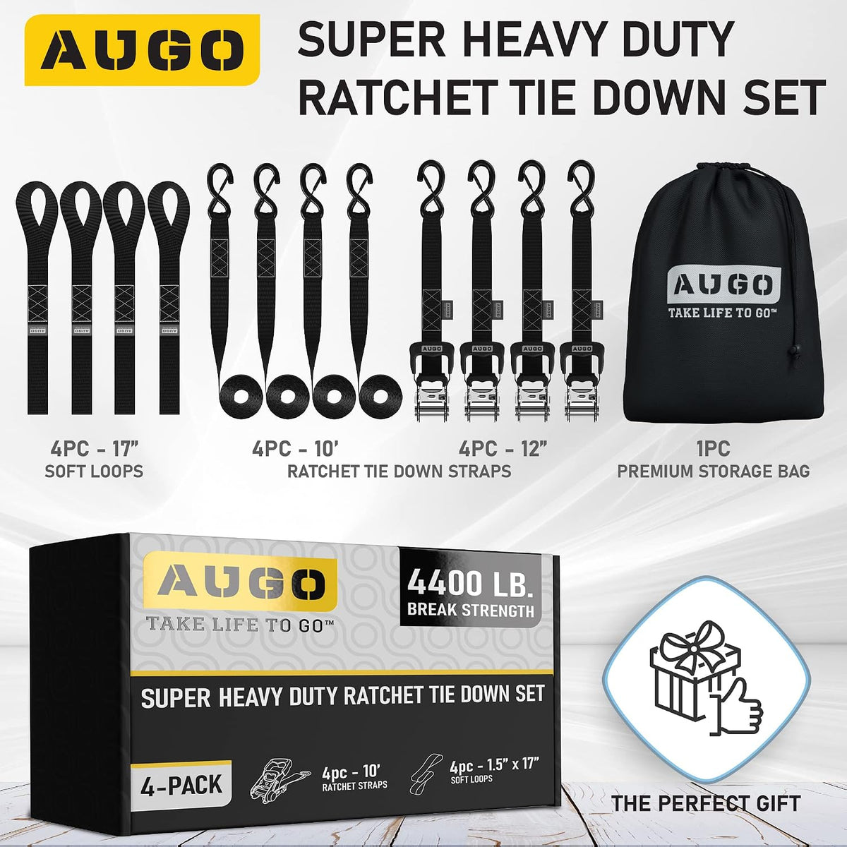 AUGO Ratchet Straps Heavy Duty 4 Pack -15 FT - 2200 LB Break Strength – with Safety Lock S Hooks - Cargo Straps for Moving, Appliances, Motorcycle – Soft Loop Tie Down Straps