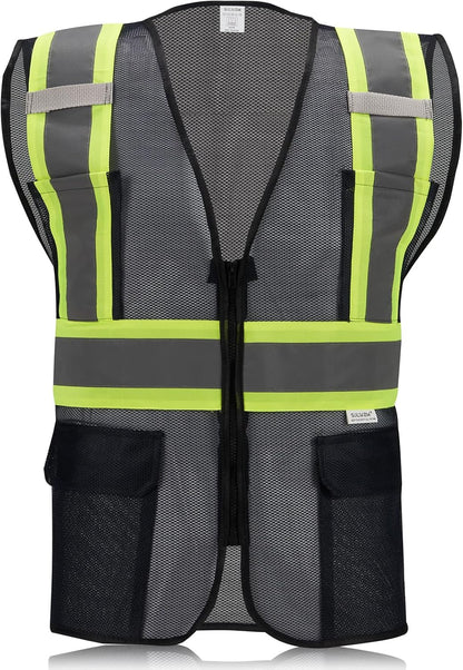 High Visibility Reflective Safety Vest with Zipper and Pockets Orange,M