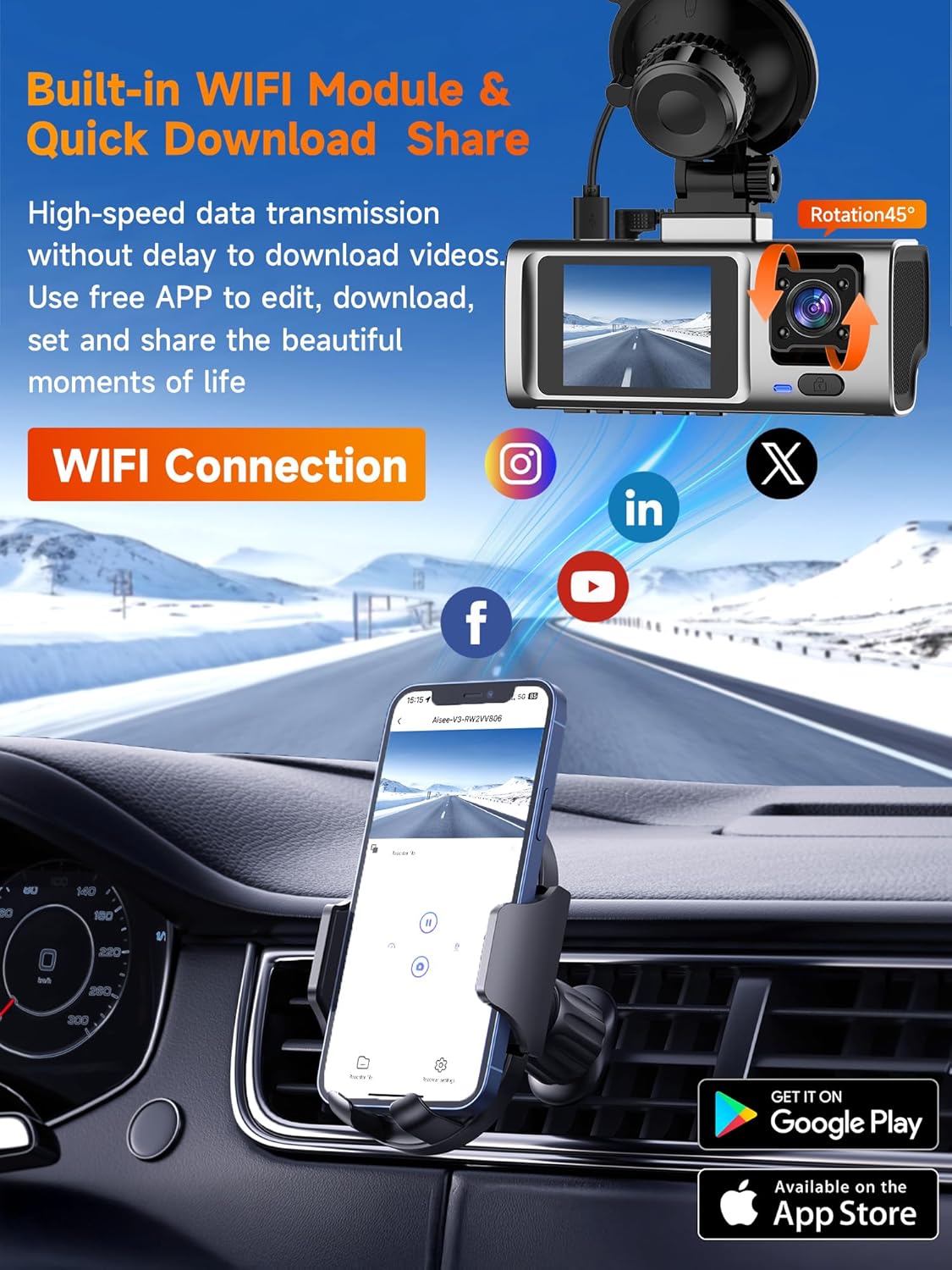 3 Channel 2.5K Dash Cam with 5GHz WiFi & APP Control, 2.5K+1080P+1080P Front Inside and Rear, Triple Dash Camera with SD Card, 24 Hours Parking Mode, Loop Recording, Night Vision