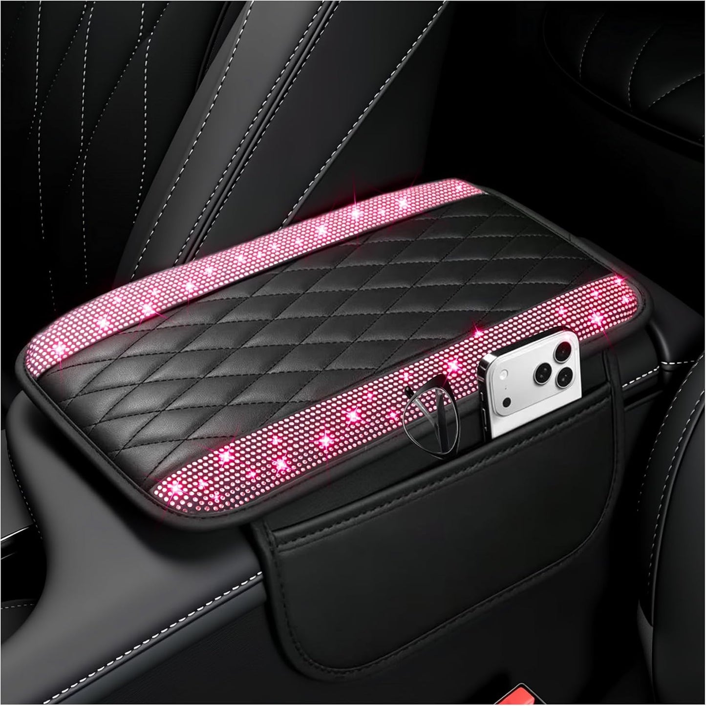 Stacool Upgraded Car Center Console Cover,Microfiber Leather Car Armrest Cover Cushion with 2 Storage Bags,Universal Car Armrest Storage Box (Black)