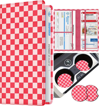 Slohif Car Registration and Insurance Card Holder with Magnetic Shut - Vehicle Glove Box Organizer Women Leather Automobile License Holders Coasters Auto Accessories Case for Document,Strawberry