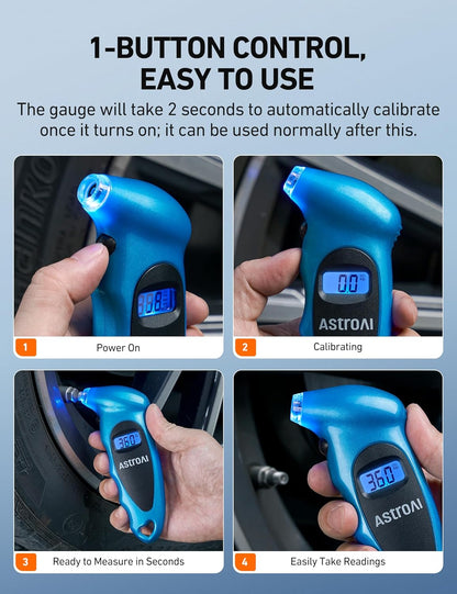 AstroAI Digital Tire Pressure Gauge 0-150PSI Calibrated to ANSI B40.7 +/-1PSI, Accurate in 0.1 Increments, Tire Repair Tools 4 Pressure Measurements for Car Truck with Backlight LCD, Silver